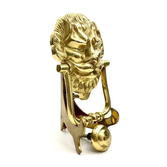 Door knocker Lion Face Design Golden Brass Two Piece Set Old Vintage Decor - Picture 4 of 5